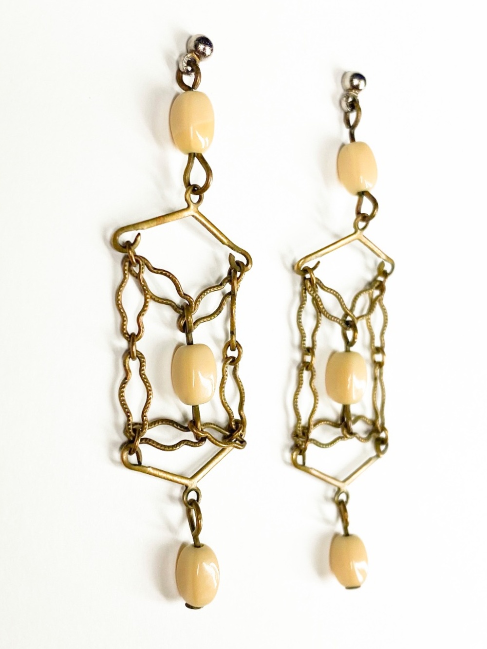 Dangle Earrings Brass - Tone with Cream Beads Vintage 70s Retro Boho